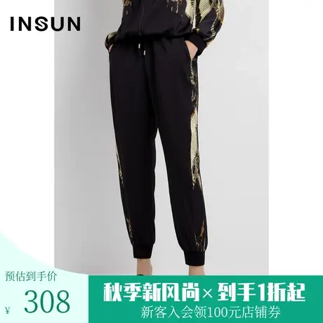 恩裳春秋季经典拼接复古图简约大气运动风休闲裤女商品大图