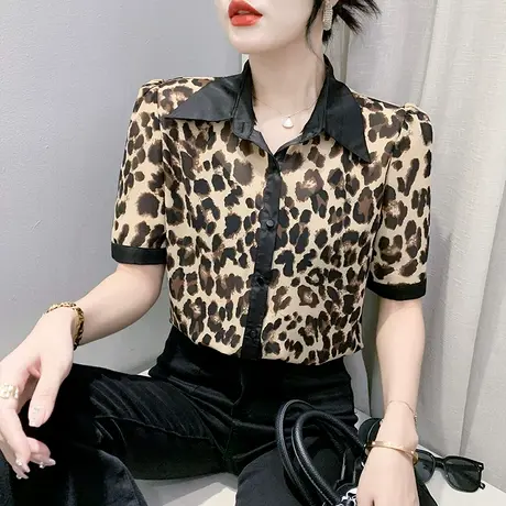 个性豹纹短袖衬衫女2023夏装新款休闲气质上衣修身显瘦POLO领小衫商品大图