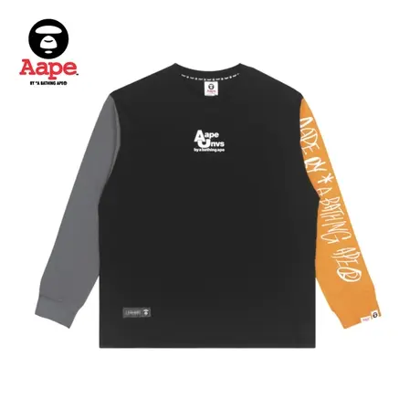 Aape旗舰店男装秋冬字母印花潮流撞色拼接休闲圆领长袖T恤0843XXH商品大图