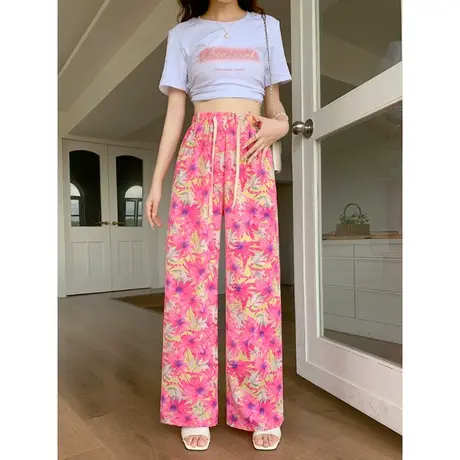 粉色碎花雪纺网红阔腿裤2023夏季薄款高腰宽松慵懒风垂感直筒长裤商品大图