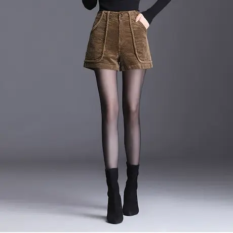 棕色灯芯绒短裤女2023秋冬新款修身显瘦阔腿裤时尚百搭条绒裤子商品大图