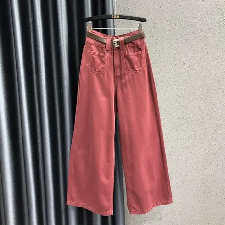 2023新款红色设计感宽松百搭牛仔直筒裤女秋洋气高腰无弹阔腿长裤图片