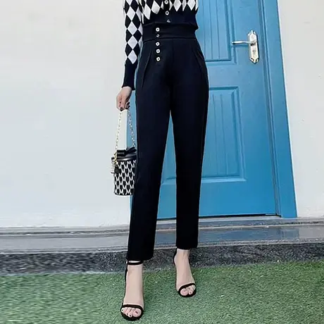 春秋季哈伦裤女九分高腰2023新款小脚休闲裤黑色时尚显瘦萝卜裤图片