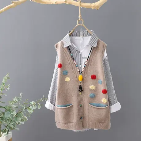 时尚毛球针织开衫外套女学生无袖宽松针织衫短款V领马夹坎肩背心商品大图