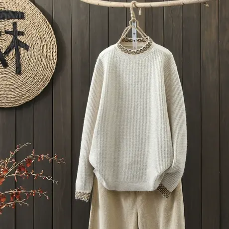 枫谜2021年冬季新款文艺简约纯色针织毛衣女保暖套头针织衫上衣商品大图