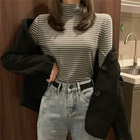 半高领德绒打底衫条纹长袖t恤女2020秋冬加绒加厚内搭洋气上衣服商品大图