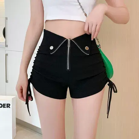 2023夏季大码胖mm黑色阔脚裤女高腰外穿抽绳短裤拉链A字休闲热裤图片