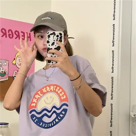 港风ins2023新款韩版宽松bf慵懒风原创太阳笑脸纯棉短袖T恤女上衣图片