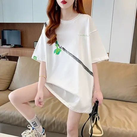 小众设计感短袖t恤女夏季韩版宽松大码女装中长款涂鸦半袖上衣潮图片