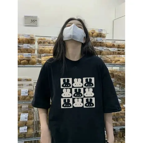 纯棉oversize兔子印花短袖t恤女夏季2023新款ins潮牌宽松半袖上衣商品大图