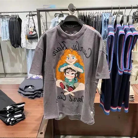 港风短袖T恤女2021春季新款宽松百搭chic简约卡通印花圆领上衣潮商品大图