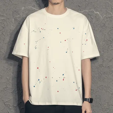 奕飏彩点喷漆帅气男生短袖t恤2023新款潮流五分袖潮牌白色体恤衫商品大图