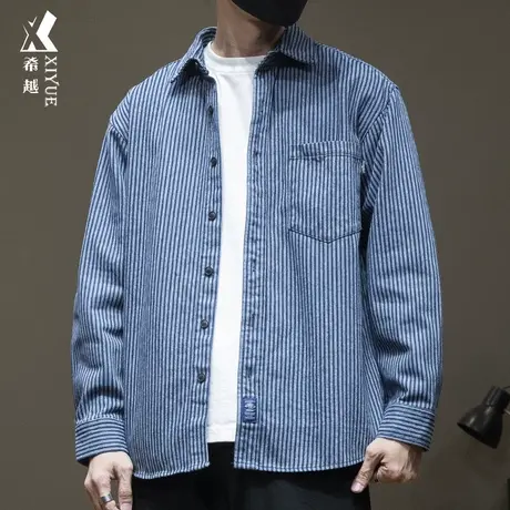 希越日系复古水洗衬衫男秋季宽松大码条纹口袋百搭休闲开衫外套潮商品大图