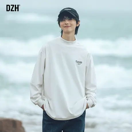 半高领长袖t恤男士白色刺绣德绒打底衫男2023春秋季新款休闲内搭商品大图