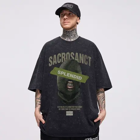 摩严美式潮牌胖子男装大码宽松复古做旧短袖T恤重磅半袖夏季潮流商品大图