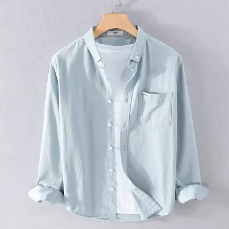 休闲长袖衬衫男春秋日系男士全棉商务蓝色衬衣内搭纯色寸衫外套潮图片