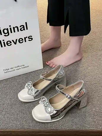 单鞋女粗跟绝美珍珠蝴蝶结玛丽珍2023年夏季时尚银色高跟鞋ins潮图片