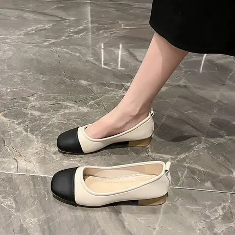 永希方头浅口粗跟单鞋女秋季新款休闲不累脚奶奶鞋时尚拼色职业鞋商品大图