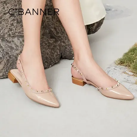 【直播间】千百度女鞋夏凉鞋女铆钉包头粗跟一字带低跟漆皮单鞋女商品大图