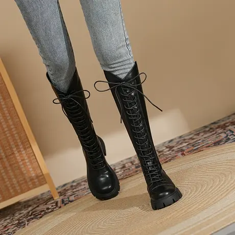 不过膝长筒靴女2023秋冬新款厚底V口小个子长靴系带骑士靴瘦瘦靴图片