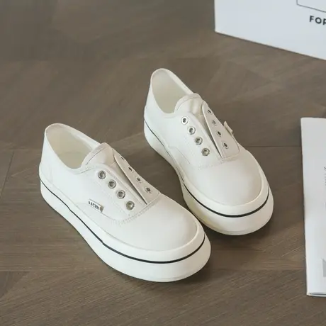 2023年夏季厚底透气帆布鞋新款百搭小白鞋女懒人一脚蹬松紧休闲鞋图片