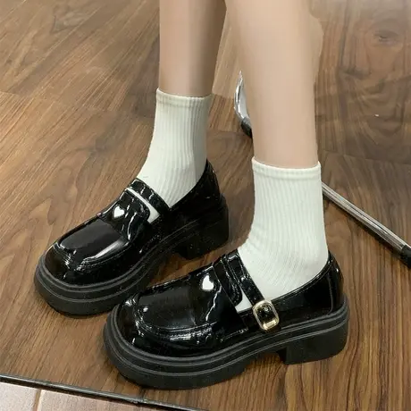 一脚蹬厚底小皮鞋女春秋季新款2023年百搭复古英伦风乐福鞋子黑色商品大图