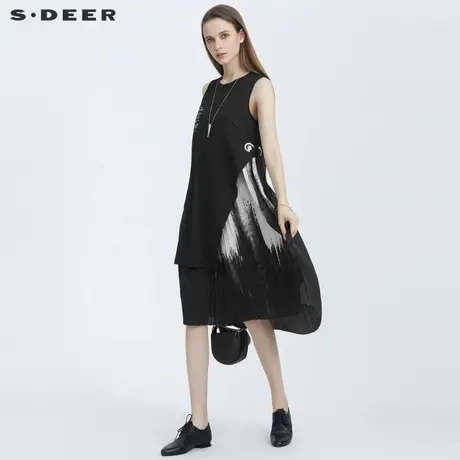 sdeer圣迪奥水墨晕染裙子撞色字母假两件收腰黑色连衣裙S19281293图片
