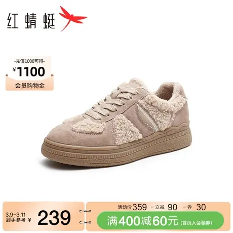 红蜻蜓厚底毛毛板鞋2023冬季新款女鞋户外保暖棉鞋丑萌复古休闲鞋商品大图