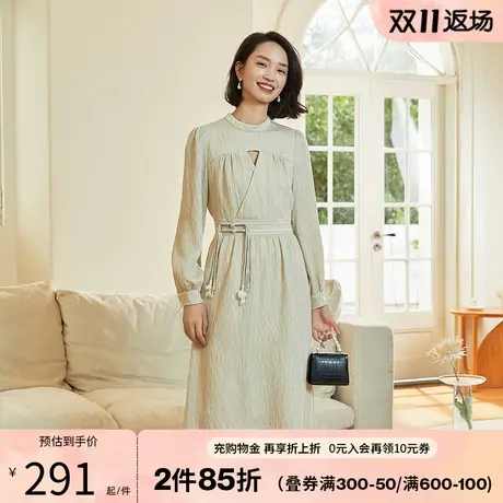阿依莲肌理垂坠感长袖连衣裙秋装女2023年新款收腰过膝气质长裙子图片