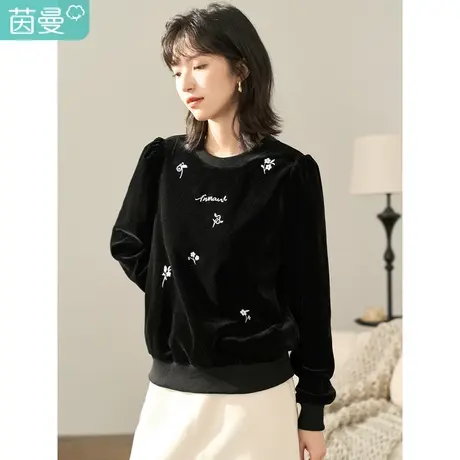 茵曼2023冬女装新款休闲小圆领散点绣花罗纹显瘦宽松套头卫衣上衣商品大图