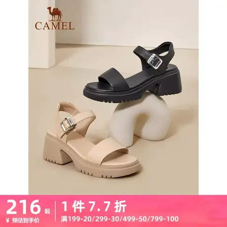 骆驼女鞋2023年夏季新款真皮一字带凉鞋女时尚高跟露趾时装凉鞋女图片