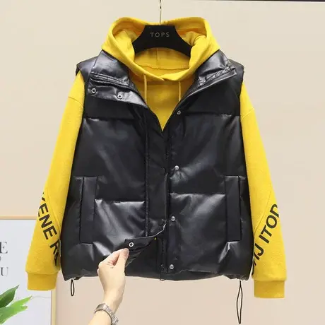 2023秋冬装黑色短款棉服马甲女无袖休闲羽绒棉马夹皮革外穿外套潮商品大图