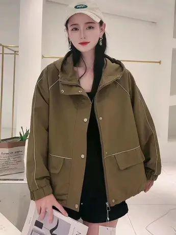 2023年春秋新款上衣休闲外套女时尚百搭宽松连帽拉链款夹克短外套图片
