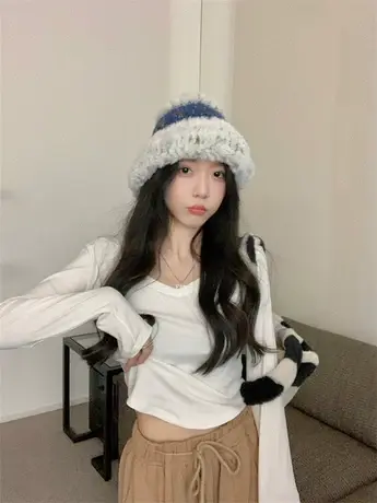 辣妹V领长袖正肩打底衫修身T恤女春秋冬季短款内搭不规则白色上衣商品大图