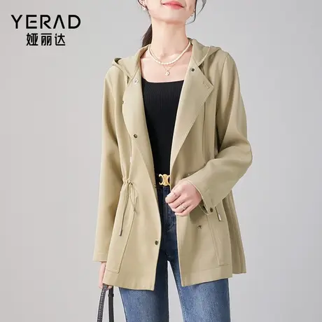 娅丽达女装卡其色连帽风衣外套女2024春季新款设计感短款休闲上衣图片
