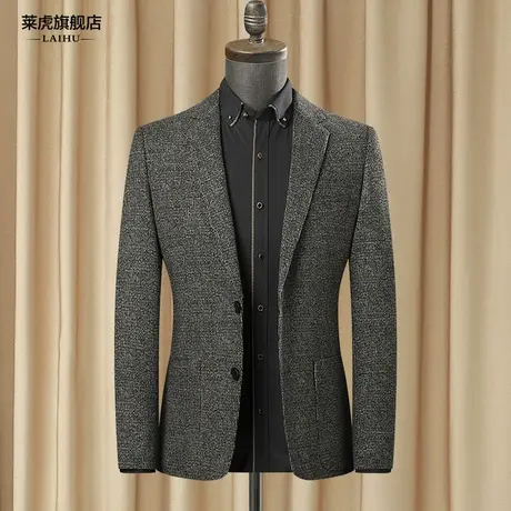 秋冬新款呢子西装外套男士韩版修身商务格子休闲西小西服上衣男潮商品大图