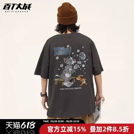 2025小众复古短袖t恤男女卡通猫和老鼠印花夏季宽松纯棉情侣上衣图片