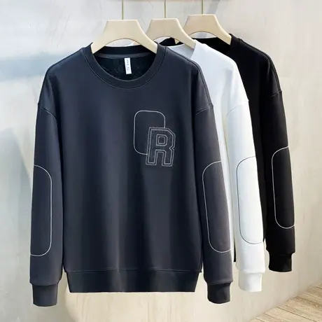 一体绒加绒加厚休闲卫衣男2023秋季潮流刺绣上衣宽松圆领套头外套商品大图