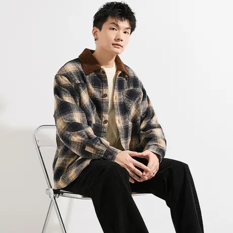 唐狮衬衫冬季新款休闲衬衫男宽松格子翻领加厚保暖显瘦长袖外套潮图片