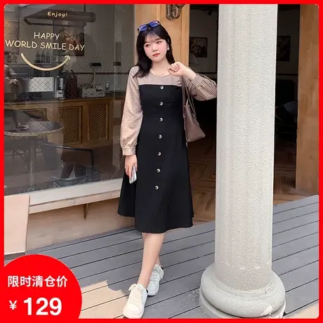 2023年秋新款拼接撞色格子法式显瘦中长款过膝遮肉胖MM连衣裙大码商品大图