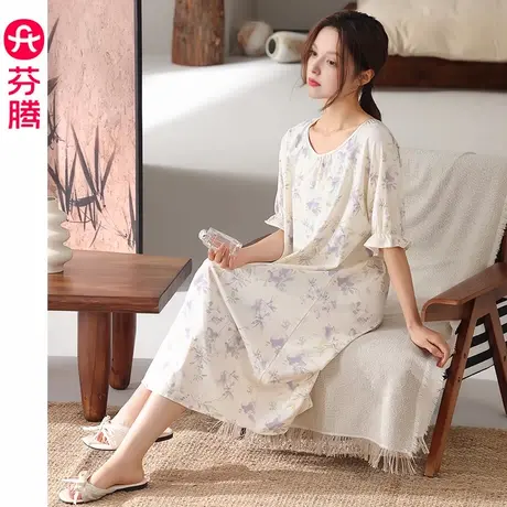 芬腾女士睡裙夏季短袖睡衣莱赛尔棉中长裙花卉休闲宽松外穿家居服商品大图