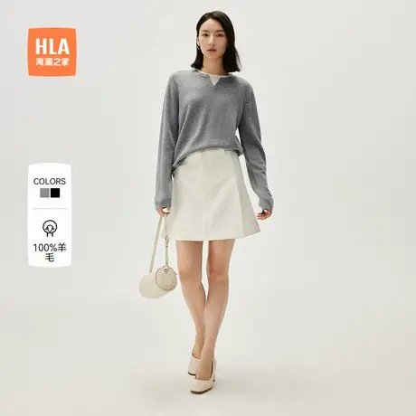 【纯羊毛】HLA/海澜之家圆领针织衫秋新款灰色假两件套头毛衣女装商品大图