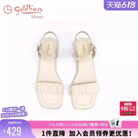 金利来时装凉鞋女2025夏季新款粗跟真皮女鞋仙女风一字带低跟凉鞋图片