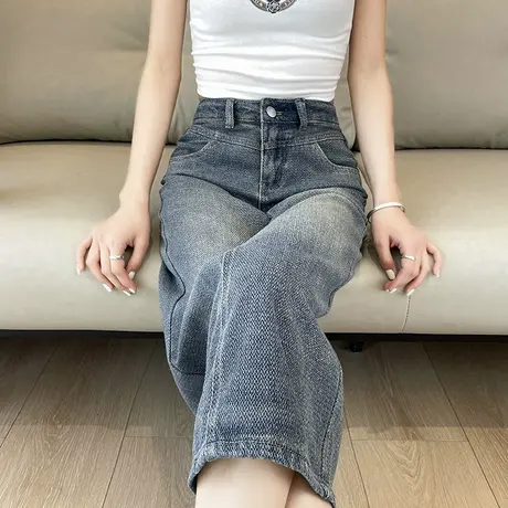 牛仔半身裙女2025年春夏新款韩版高腰a字裙显瘦中长款开叉包臀裙图片