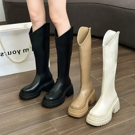 高跟长筒靴子女2023新款秋季复古小个子厚底V口瘦瘦高筒骑士长靴商品大图