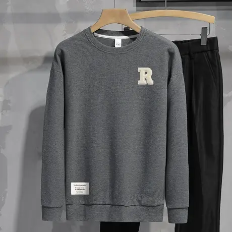 华夫格卫衣男春秋款宽松潮流百搭圆领长袖t恤灰色套头无帽上衣服商品大图