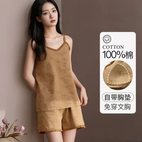 梦芭蒂夏季薄款纯棉蕾丝吊带短裤家居服套装睡衣带胸垫2025年新款商品大图