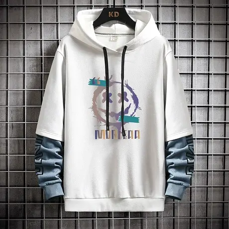 青少年假两件卫衣男春秋季初中高中学生大童秋装帅气连帽潮牌外套商品大图