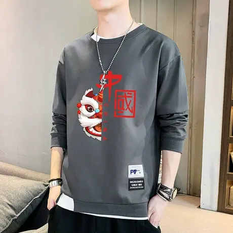 国潮圆领卫衣男士秋季潮牌潮流假两件长袖t恤春秋款青少年上衣服商品大图