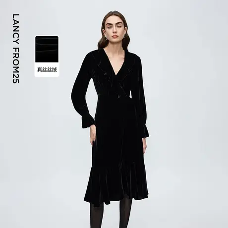 朗姿真丝丝绒v领收腰连衣裙气质高级感轻礼服裙2025年冬季新款女商品大图